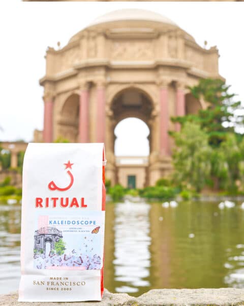 Coffee bag in front of the Palace of Fine Arts