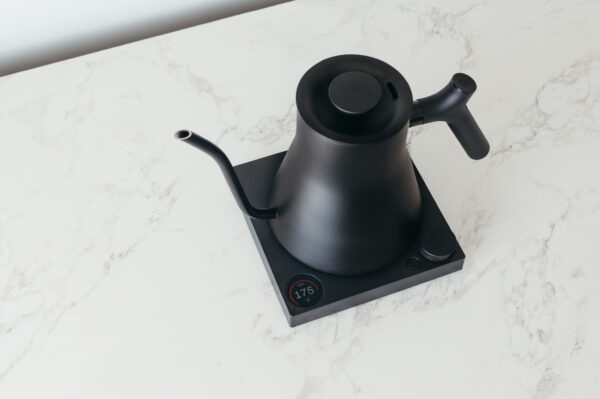 Black Fellow Staff EKG Electric Kettle Pro on marble kitchen counter