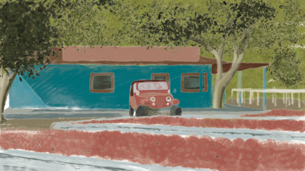 Illustration of red Jeep on a coffee farm