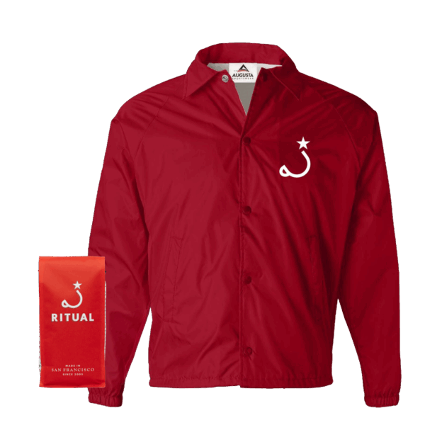 bag of drip coffee with Ritual coach's jacket