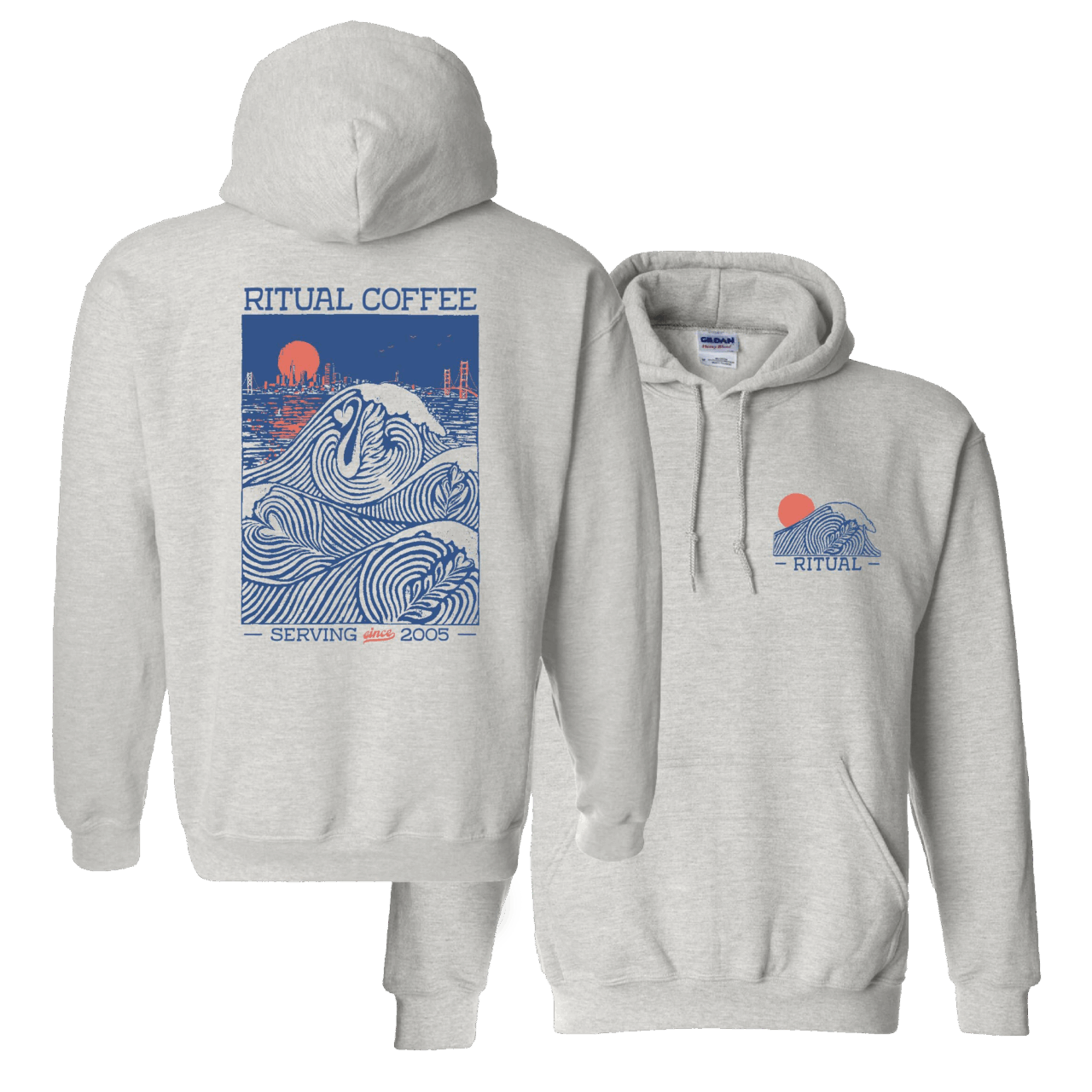 Grey hoodie with latte art ocean waves