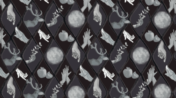Illustration of pattern with hands, strawberries, buck, and sturgeon