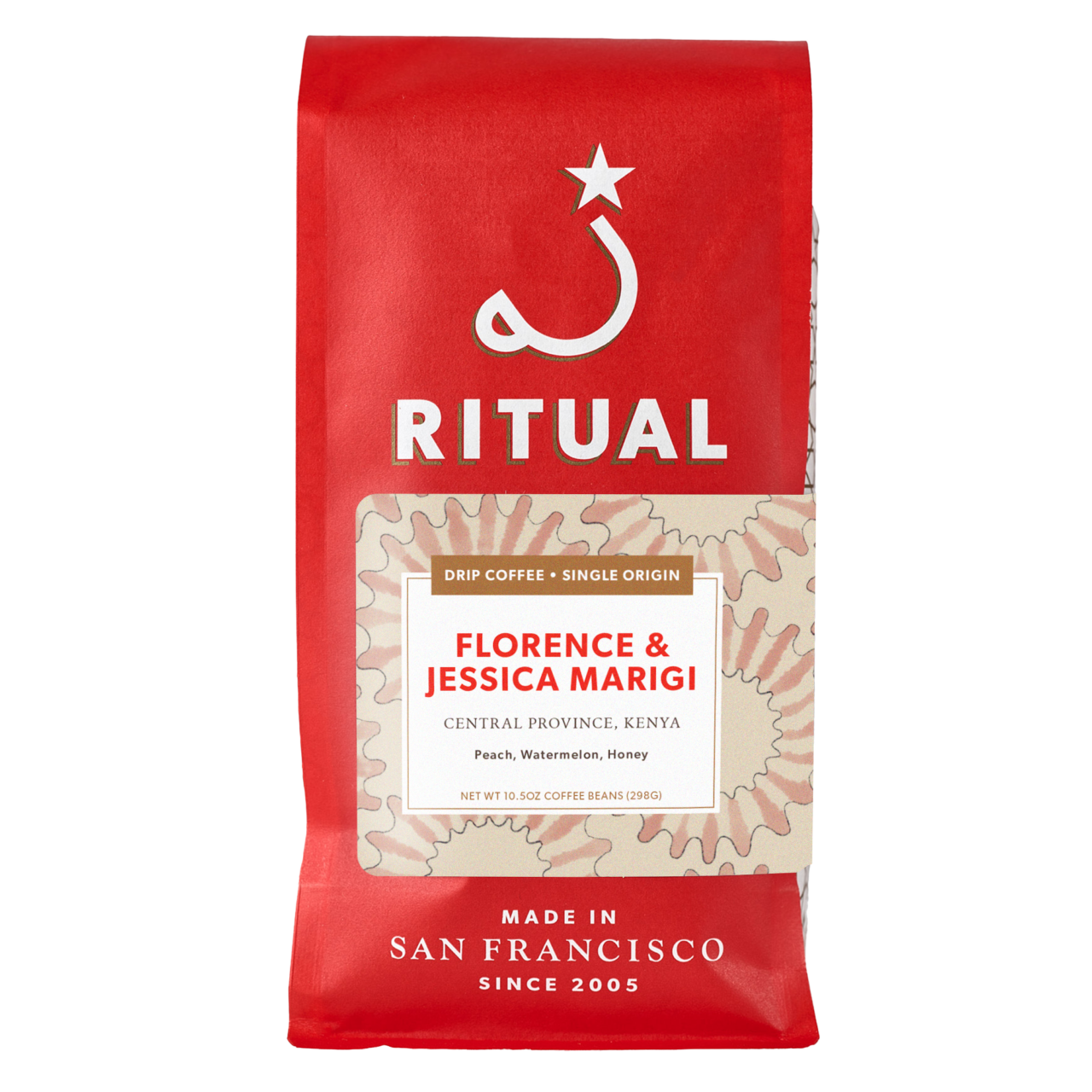 Red bag of Florence & Jessica Marigi drip coffee