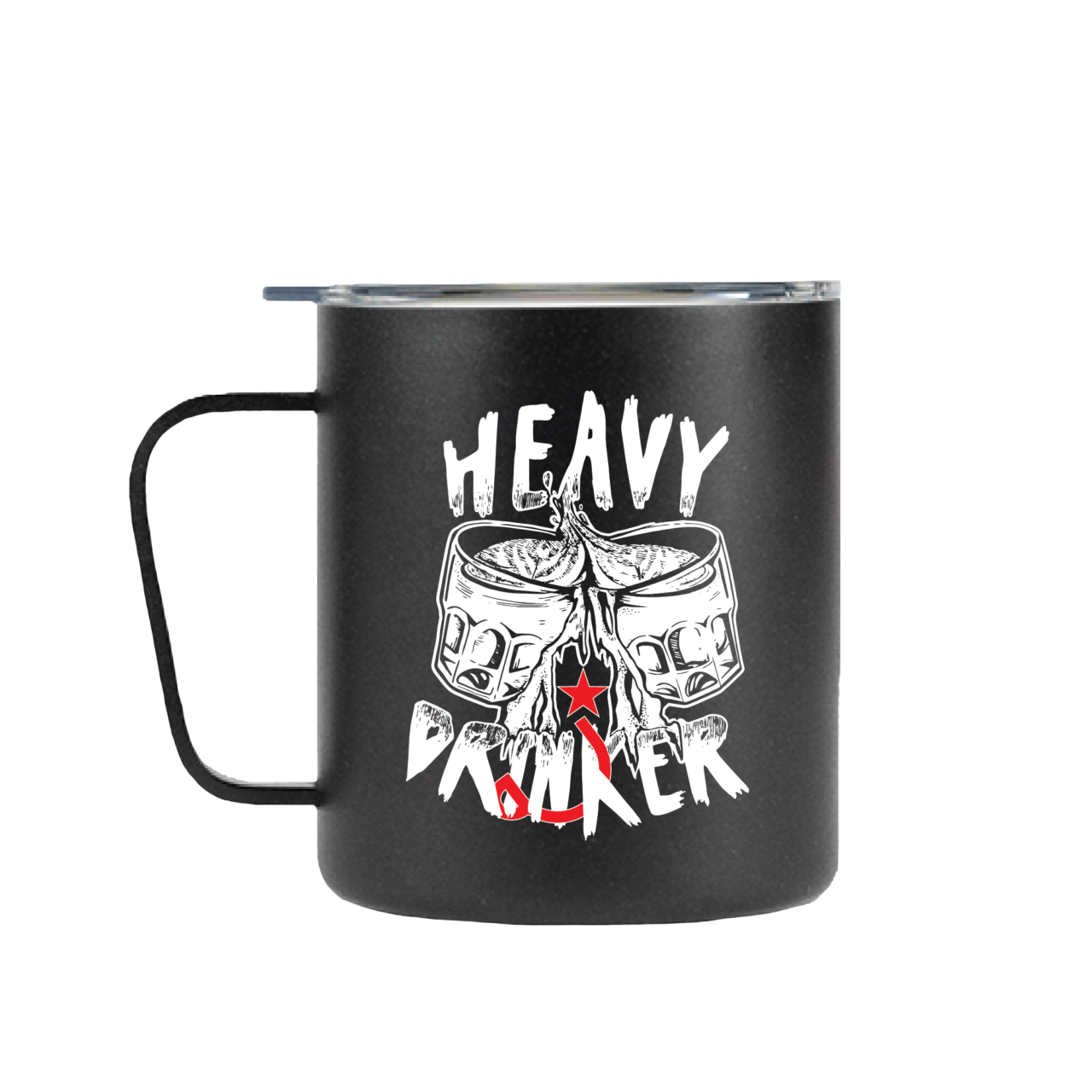 A black camp mug that says "heavy drinker"