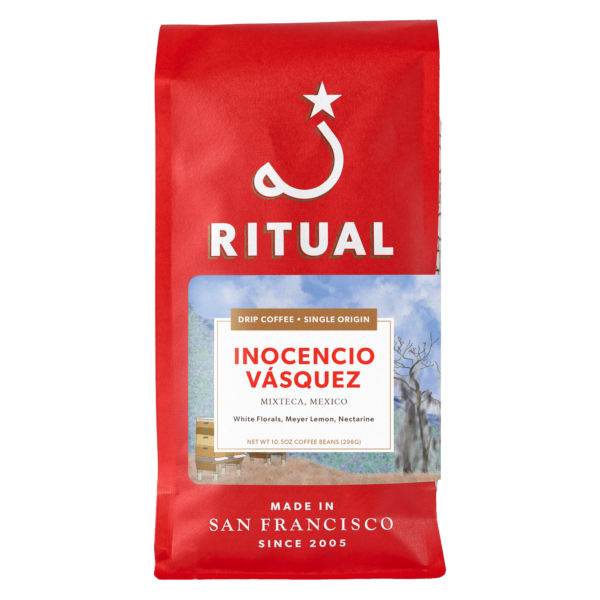 red 10.5oz bag of Inocencio Vasquez drip coffee